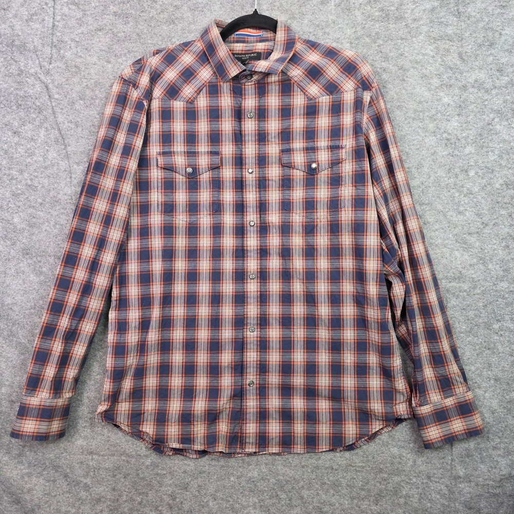 Banana Republic Slim Fit Plaid Western Shirt Navy Orange Mens Large Snap Button